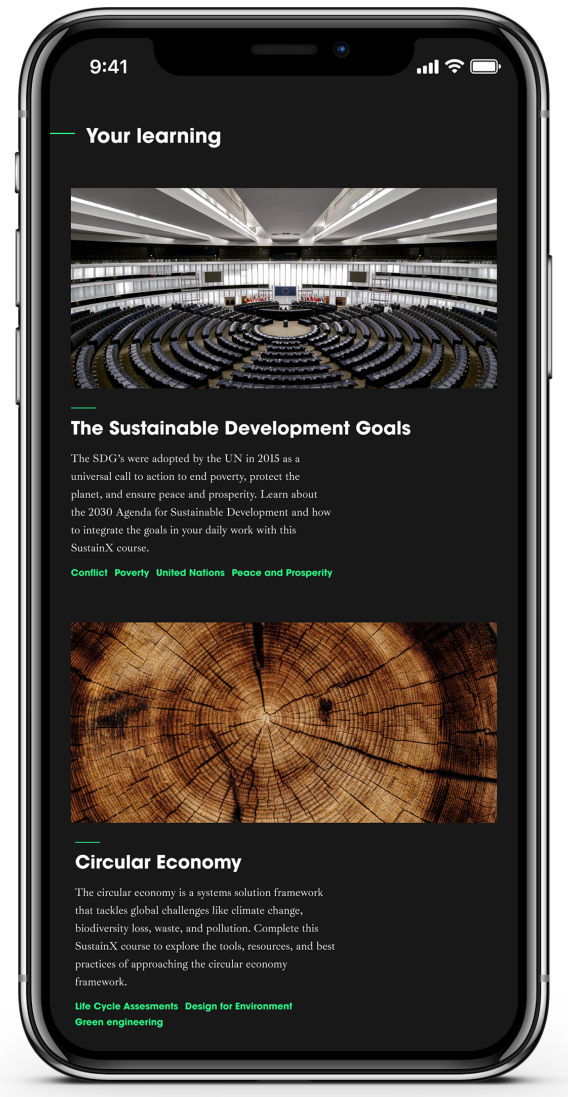 iPhone showcasing SustainX digital education platform.